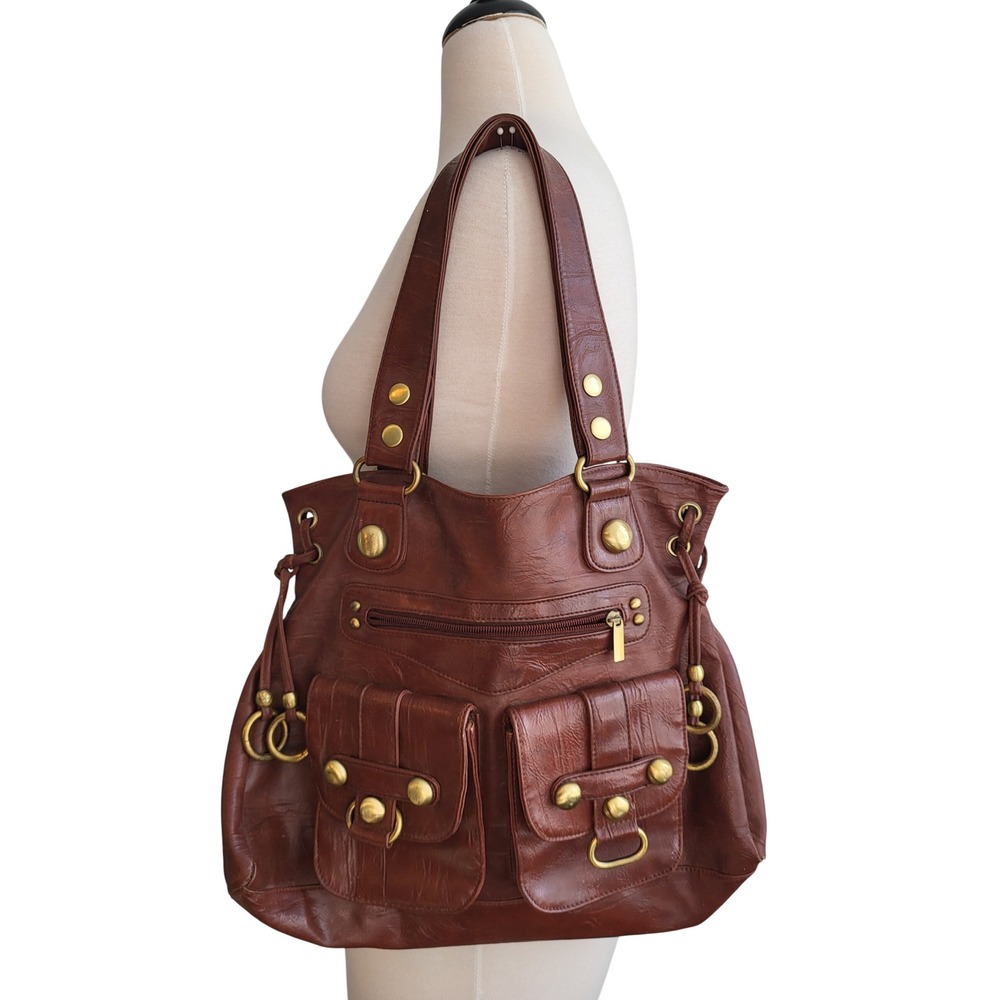 VTG Y2K Slouchy Brown Leather Hobo Shoulder Bag Cargo Pocket Brass Hardware Boho